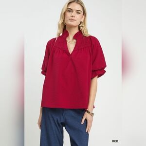 Umgee Textured Smocked Yoke Split-Neck Top